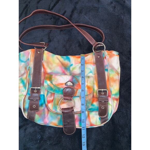VINTAGE 90's/Y2K GORGEOUS TIE DYE LEATHER MESSENGER BAG FESTIVAL BOHO - Picture 5 of 9